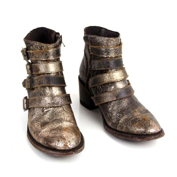 Five World Cordani METALLIC BROWN GENUINE LEATHER LOW HEEL BELTED ANKLE BOOTS 8B - Picture 3 of 10